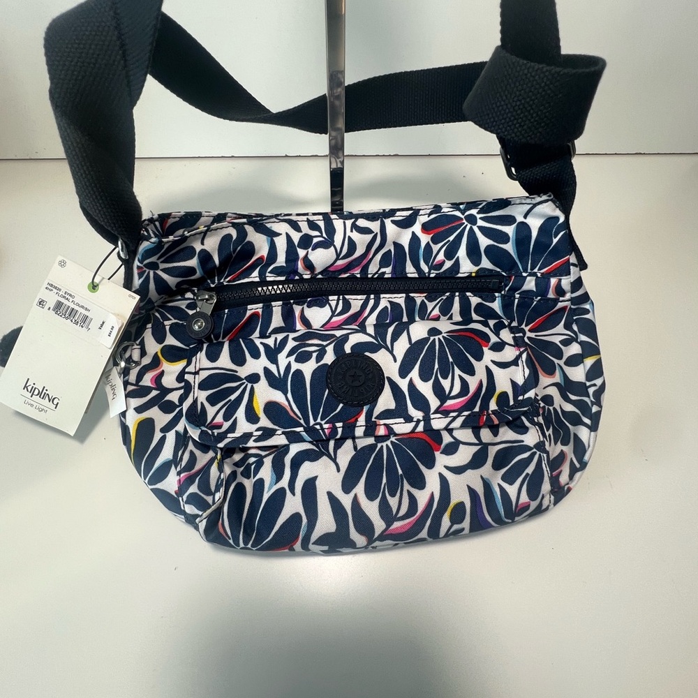 Kipling Crossbody Bag with Navy and White Leaf Pattern